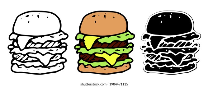 Vector set of isolated elements of a large burger. A burger with yellow melted cheese and green salad and two cutlets with a black outline and a hand-drawn silhouette in the style of a doodle. 