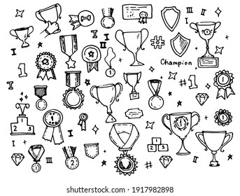 vector set of isolated elements medals and orders with cups hand drawn in doodle style black outline on white background for design template.Set for celebration decoration design. Vector sketch 