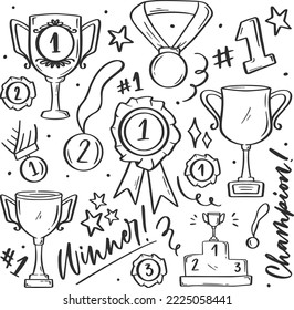 vector set of isolated elements, medals and awards with cups drawn in doodle style, black outline on white background for design template