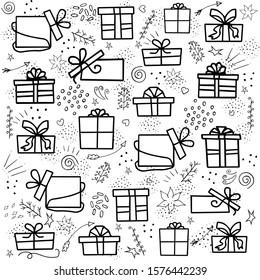 Vector set of isolated elements on a white background for the holidays with gifts. Vector doodle illustration with gifts on a white background. EPS 10