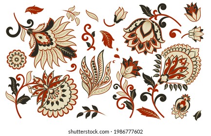 Vector set of isolated elements paisley, flowers and leaf for you own design