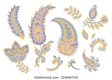 Vector set of isolated elements paisley, flowers and leaf for you own design