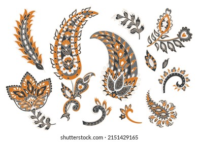 Vector set of isolated elements paisley, flowers and leaf for you own design