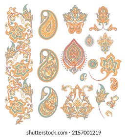 Vector set of isolated elements paisley, flowers and leaf for you own design