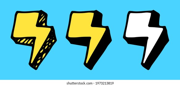 Vector set of isolated elements of three-dimensional lightning bolts in yellow and white with a black outline. Vintage zipper, hand-drawn in comic style on blue background for design template