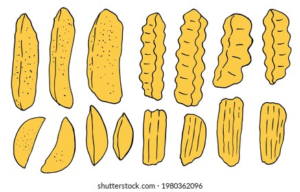 Vector set of isolated elements of various types of chips, French fries, rustic, slices, hand-drawn in sketch style with black line and yellow color on white background for design template