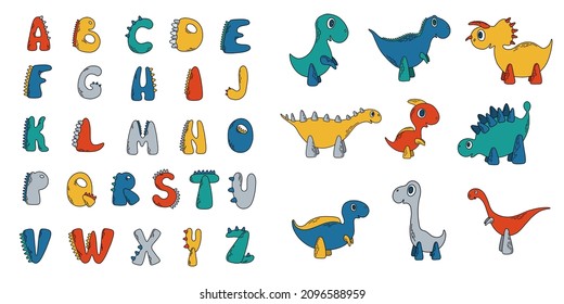 Vector set with isolated elements for your design: English alphabet and nine cartoon dinosaurs. Bright cute learning material. Children poster.