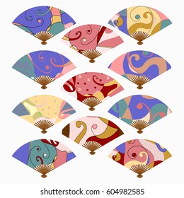 Vector set of isolated fans. The fans set isolated on a light background.