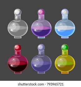 vector set of isolated fantasy game icons; colorful magic bottles with potions; transparent glass perfume bottles; cristal fashion bottles with 
transparent bungs; collection of miniature ink icons.