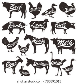 Vector Set Of Isolated Farm Animals Silhouettes