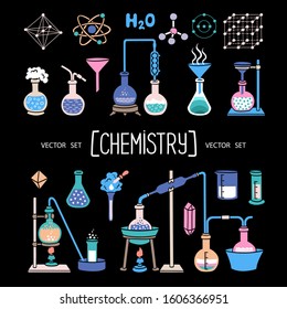 Vector set with isolated flat doodles on the theme of chemistry, medicine, education, science on black background. Colorful cartoon special equipment and chemical reactions for use in your design