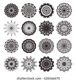 Vector set of isolated floral mandala on white background. Collection of round ornamental rangoli mandala for decoration. Ethnic elements for yoga logo, arabian or indian ornament for coloring.