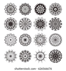 Vector set of isolated floral mandala on white background. Collection of round ornamental rangoli mandala for decoration. Ethnic elements for yoga logo, arabian or indian ornament for coloring.