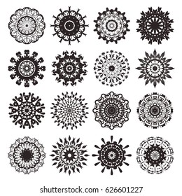 Vector set of isolated floral mandala on white background. Collection of round ornamental rangoli mandala for decoration. Ethnic elements for yoga logo, arabian or indian ornament for coloring.
