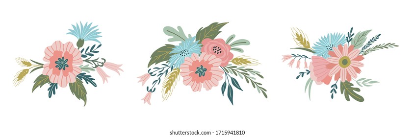 Vector set with isolated flower arrangements. Trendy style floral illustration. Summer flower arrangements are ideal for the design of your cards, invitations, stickers, posters and other projects.