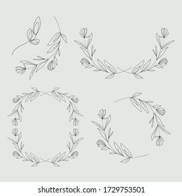 Vector set of isolated flower wreath. Decorative linear delicate hand drawn frame for your design