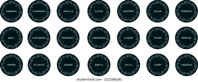 Vector set isolated food labels or stickers. Use to label kitchen food containers with spices. Labels, stickers, homemade stickers, botanical frame and spice name in English