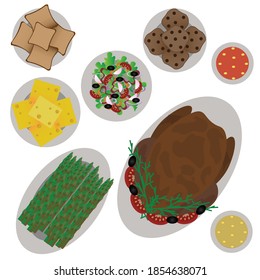 Vector set of isolated food, products and dishes on a white background. Top view of fried chicken, asparagus, salad, bread, cheese, sauce, cookies, mushrooms. Elements for a background of a menu.