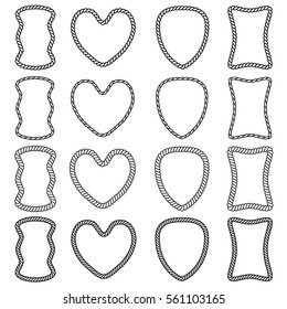 Vector set of isolated frames of thick and thin twisted rope on a white background. Heart shape, abstract, shield, rectangular. For design cards, banners, posters, etc.