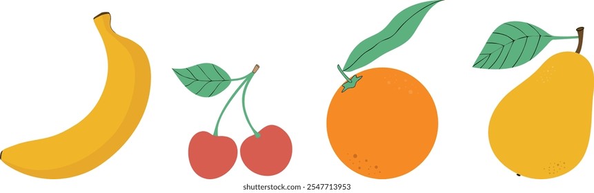 Conjunto vetorial de frutas isoladas: banana, laranja, pera, cereja.