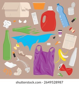 Conjunto vetorial de itens de lixo isolados: restos de alimentos, garrafas, latas, papel, sacos de plástico e resíduos de embalagens. Ilustração de desenho plano para projetos de design de poluição, reciclagem ou ecologia.