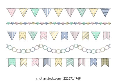 Vector set of isolated garland of hanging flags in cartoon style. Clipart checkboxes for greeting cards, decoration design, celebration, birthday party invitation, web and advertising banner, mailing 