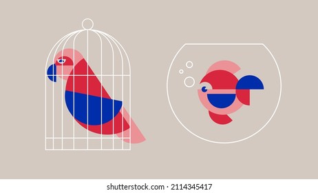 Vector set of isolated geometric illustrations on beige background. Parrot and fish with bubbles. White line bird cage and fish tank. Simple pets