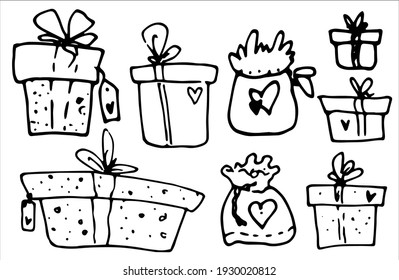 Vector set of isolated gift boxes and bags drawn in doodle style. black contour gift boxes and bags with ribbon and labels with hearts and dots on a white background for a design template