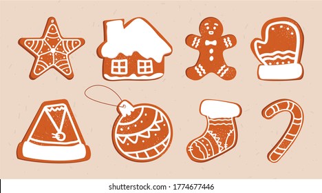 Vector set of isolated ginger cookies with icing and icing sugar of different shapes and elements. New Year and Christmas tea cookies. Festive gossips for print on fabric and web decor.