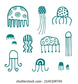 Vektorset von isolierten grünen Quallen. Doodle-Design. Kinder-Illustration.