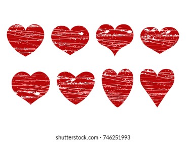 Vector set of isolated grunge red hearts of different shape on a white background. Eps 10.