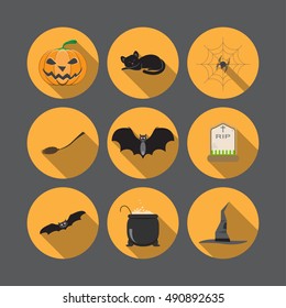 Vector set of isolated Halloween icons on the yellow background with shadow.