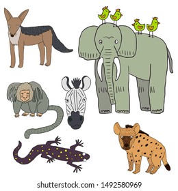 Vector set of isolated handdrawn wild animals on white background.