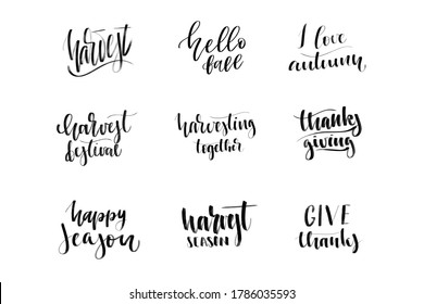 Vector set of isolated handwritten calligraphy logo of Harvest for decoration and covering on the white background. Concept of happy harvest season and festival.