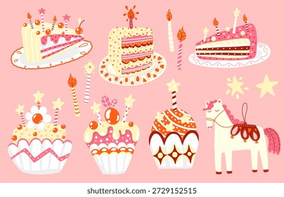 Vector set of isolated Happy Birthday illustrations. Pink cake slices on a plate, yellow cupcakes, red muffins, magical stars, and a white horse toy. Festive collection with sweets for gift design.
