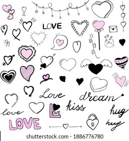 Vector set isolated hearts   words about love  Different type hearts   garland and hearts
