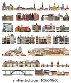vector set of isolated houses, buildings, bridges and other cities street's skylines elements