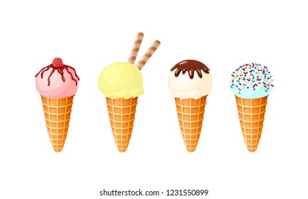 Vector set of isolated ice creams with different flavors and decoration. 