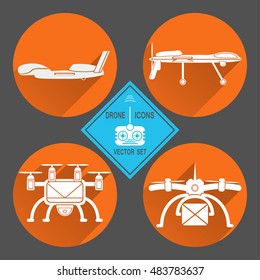 Vector set of isolated icon of drone silhouette with shadow on the orange background.