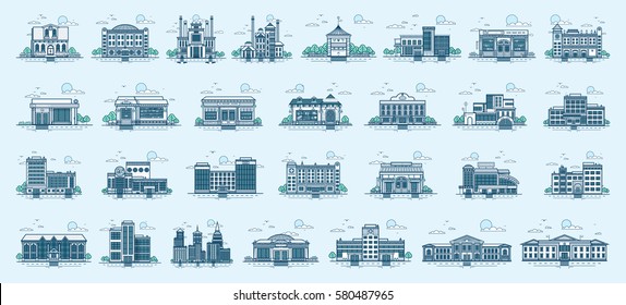 Vector set isolated icons architecture buildings structures bank, pharmacy, school, office building, Town Hall, kindergarten, hospital, police station, institute, academy, fire department linear style