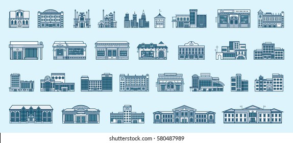 Vector set isolated icons architecture buildings structures bank, pharmacy, school, office building, Town Hall, kindergarten, hospital, police station, institute, academy, fire department linear style