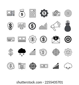 Vector set of isolated icons of business, target, commerce, finance, analytics, signs and symbols.