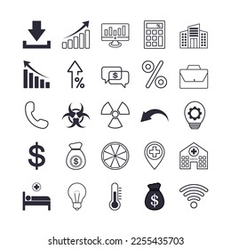 Vektorset von isolierten Symbolen aus Wirtschaft, Ziel, Handel, Finanzen, Analytik, Zeichen und Symbolen.