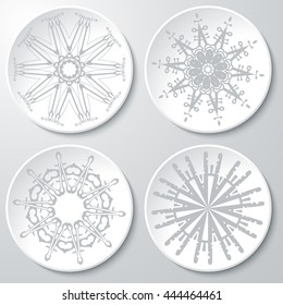 Vector set of isolated icons. Collection of labels with abstract emblems. Vector plates with different geometric pattern in one set. 