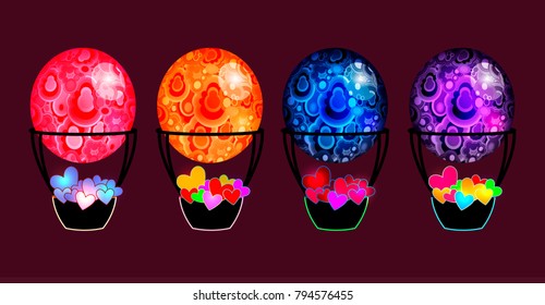 vector set of isolated icons; precious texture polish air balloons with valentine's hearts in baskets; balloon basket full of stylized flat paper heart; malachite color balloons bring the hear symbols
