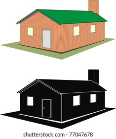 Vector set of isolated illustration - brick house (cottage) on white background, silhouette