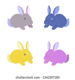 Vector set isolated illustration cute character Easter Bunny rabbit hare on white background different colors for printed materials, postcard greeting,