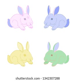 Vector set isolated illustration cute character Easter Bunny rabbit hare on white background different colors for printed materials, postcard greeting,