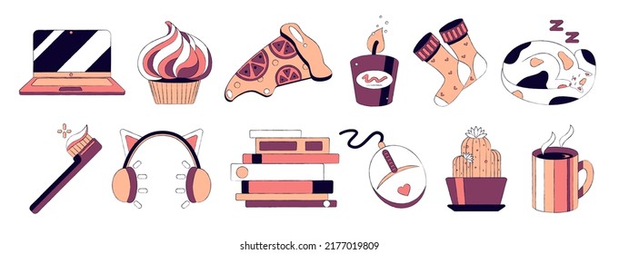 Vector set of isolated illustrations with black line sketch stroke contour on a white background. Cartoon cozy home symbols collection