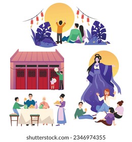 Vector set isolated illustrations with people celebrate happily mid autumn, happy moon festival. Asian family enjoy reunion dinner, moon goddess, mooncakes, red paper lantern decorate.